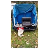 Portable ice house with Blue Canopy and variety of finshing tools