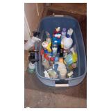 Large Bin of Household Cleaning Supplies and Sprayers