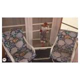 Patio Set with 2 Floral Cushioned Chairs, Glass-Top Table, and Scarecrow Decor