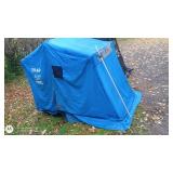 Portable ice house with Blue Canopy and variety of finshing tools