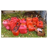 Collection of 15 Plastic Gas Cans with Funnels and Spouts