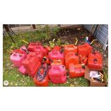 Collection of 15 Plastic Gas Cans with Funnels and Spouts