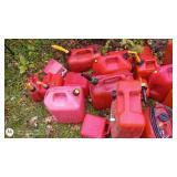 Collection of 15 Plastic Gas Cans with Funnels and Spouts