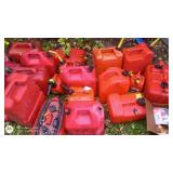 Collection of 15 Plastic Gas Cans with Funnels and Spouts