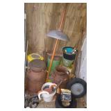 Group of Vintage Milk Cans, Garden Tools, Buckets and Utility Items