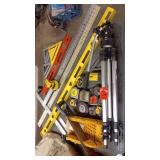 Collection of Hand Tools with Tripods, Tape Measures, Levels and Triangles