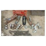 Lot of Trailer Couplers, Hitch Balls, Chain, and Latch Brackets