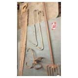 Vintage Butcher Tools Set with Meat Saw, Hooks, and Ice Tongs