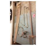 Vintage Butcher Tools Set with Meat Saw, Hooks, and Ice Tongs