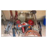 Assortment of Garage Tools with Jacks, Funnels, Cans, and Accessories