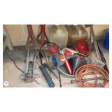Assortment of Garage Tools with Jacks, Funnels, Cans, and Accessories
