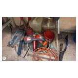 Assortment of Garage Tools with Jacks, Funnels, Cans, and Accessories