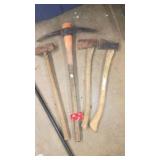 Lot of Sledge Hammers, Axes, Pickaxe, and Pry Bar