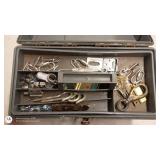 Metal Toolbox with Assorted Hinges, Latches, and Hardware