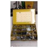Vintage Yellow Metal Organizer Box with Assorted Hardware and Fasteners