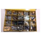 Vintage Yellow Metal Organizer Box with Assorted Hardware and Fasteners