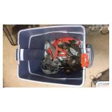 Bin of Assorted Tie Down Straps and Bungie Cords