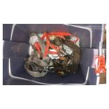 Bin of Assorted Tie Down Straps and Bungie Cords