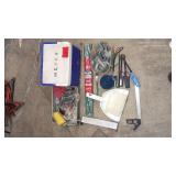 Assorted Hand Tools and Garage Accessories Lot with Cooler and Measuring Tools