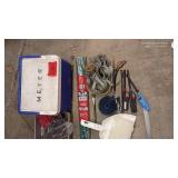 Assorted Hand Tools and Garage Accessories Lot with Cooler and Measuring Tools
