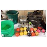 Collection of Weights, Plastic Buckets, and Premier Equipment Bag