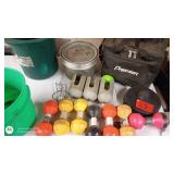 Collection of Weights, Plastic Buckets, and Premier Equipment Bag