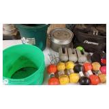 Collection of Weights, Plastic Buckets, and Premier Equipment Bag