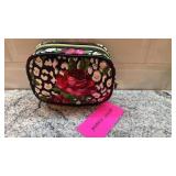 Betsey Johnson Roses Over Cheetah Print Cosmetic Bag with Heart Charm