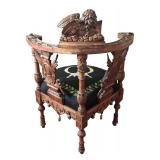 LR - Antique Carved Wood Corner Chair with Winged Lion Detail and Embroidered Seat