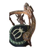 LR - Antique Carved Wood Corner Chair with Winged Lion Detail and Embroidered Seat