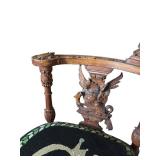 LR - Antique Carved Wood Corner Chair with Winged Lion Detail and Embroidered Seat