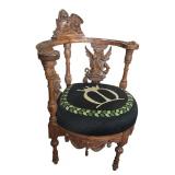 LR - Antique Carved Wood Corner Chair with Winged Lion Detail and Embroidered Seat