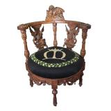 LR - Antique Carved Wood Corner Chair with Winged Lion Detail and Embroidered Seat