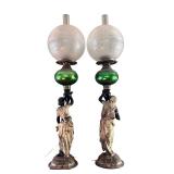 LR - Pair of Antique Blackamoor Figural Lamps with Green Glass Globe Accents