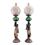 LR - Pair of Antique Blackamoor Figural Lamps with Green Glass Globe Accents