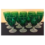 LR - Set of 12 Vintage Anchor Hocking Bubble Foot Green Stemmed Goblets