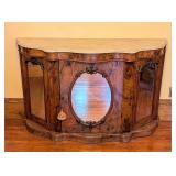 ML - Antique English Marble Top Mirrored Sideboard with Burl Wood Veneer