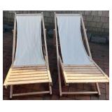 Pair of Wooden Outdoor Folding Sling Lounge Chairs