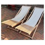 Pair of Wooden Outdoor Folding Sling Lounge Chairs