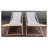 Pair of Wooden Outdoor Folding Sling Lounge Chairs