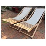 Pair of Wooden Outdoor Folding Sling Lounge Chairs
