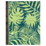 Outdoor Patio Rug with Green and Blue Tropical Leaf Pattern