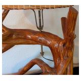 UL - Vintage Rustic Driftwood Table Lamp with Natural Wood Finish and Woven Shade