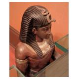 ML - Pair of Metal Egyptian Revival Pharaoh Sculptures / Egyptian Revival Metal Pharaoh Figurines Glass Top Coffee Table