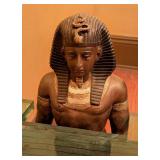 ML - Pair of Metal Egyptian Revival Pharaoh Sculptures / Egyptian Revival Metal Pharaoh Figurines Glass Top Coffee Table