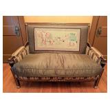 ML - Antique Settee with Elephant Needlepoint Backrest and Carved Accents