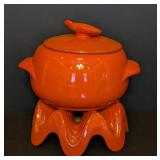 DR - Vintage Frankoma Orange Glazed Ceramic Soup Tureen with Warmer