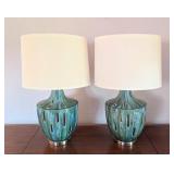 UL - Pair of 26" Ceramic Table Lamps with Blue Glaze and Cutout Design