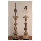 LL - Pair of Ornate Vintage Table Lamps 38 Inch Tall with Detailed Brass Bases