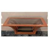 LL - Vintage Glass Top Coffee Table with Wood Base and Shelf